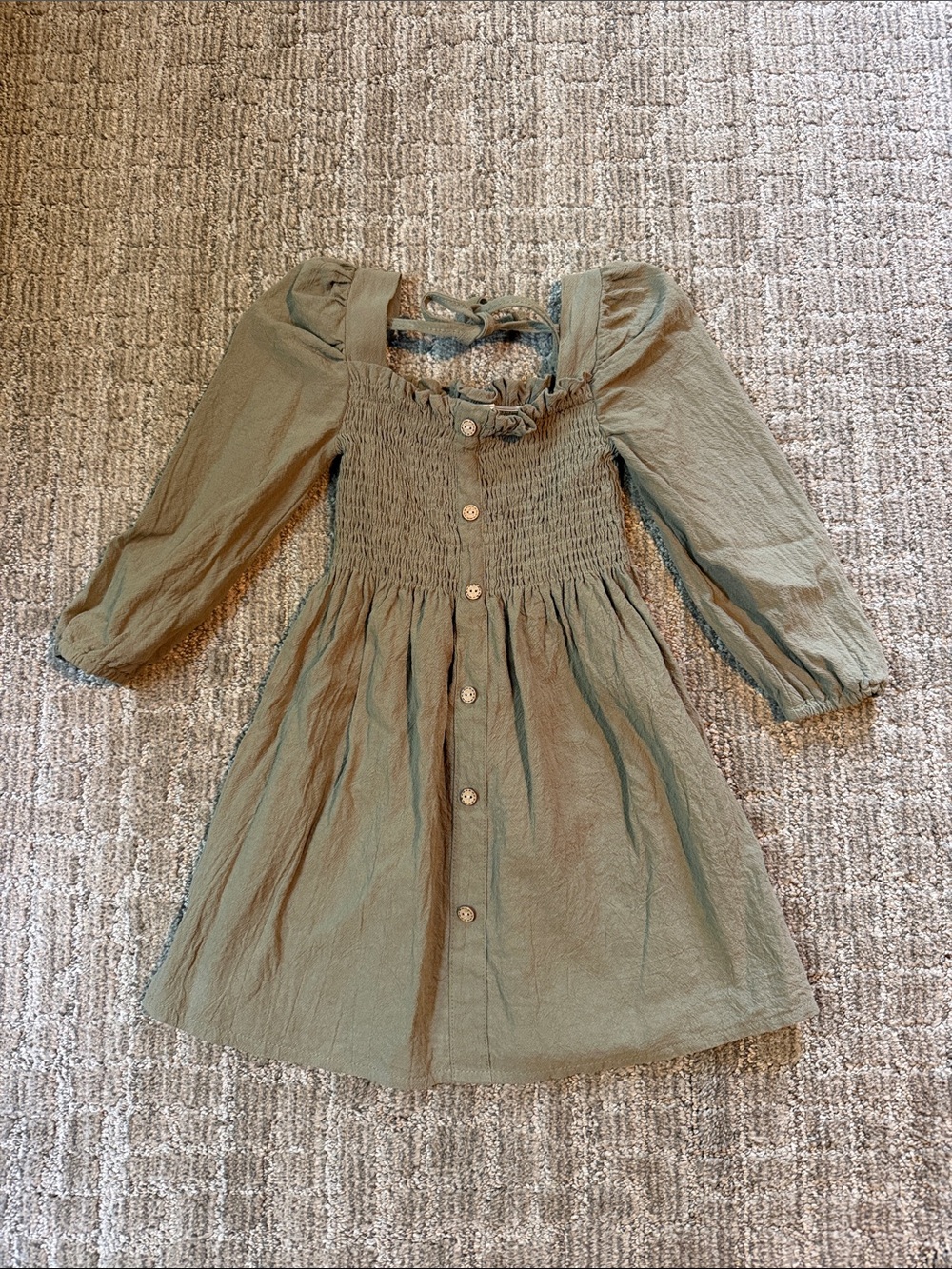 Girls Olive Green Long Sleeve Smocked Button-Front Dress
